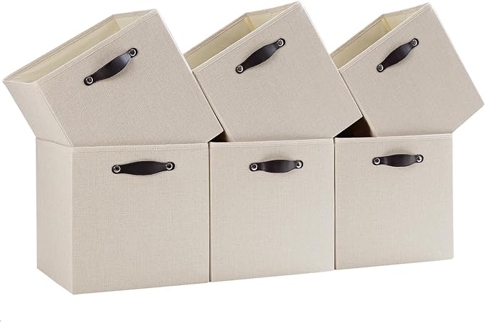 Cube Storage Bins | 11.8"x11.8"x11.8", Beige, 6 Pack | Multi-Size | 2X Thick Support Board | Vegan Leather Handles | 7.7 oz/yd² Fabric | 12"x12" Drawer Insert Basket by FABINADO