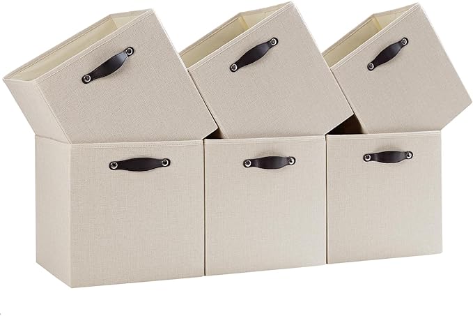Cube Storage Bins | 9.5"x9.5"x9.8", Beige, 6 Pack | Multi-Size | 2X Thick Support Board | Vegan Leather Handles | 7.7 oz/yd² Fabric | 10"x10" Drawer Insert Basket by FABINADO