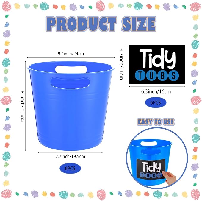 meekoo 6 Pcs Tidy Tubs Classroom Trash Bins with Self-Adhesive Labels, Colorful Plastic Bucket Sorting Bins for Crafts, Sorting, Centerpiece, Pencil Holder 9.45 x 7.68 x 8.46 Inch for School - Image 4