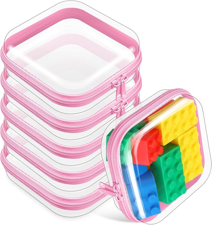 Sanwuta 6 Clear Hard Zipper Case,Pink,5 X 5 X 2 Inch | Pencil Case Pouches ,Makeup Bag,Plastic Toiletry Diaper Bag ,Travel Toy Storage,Waterproof Organizer Bins by Sanwuta