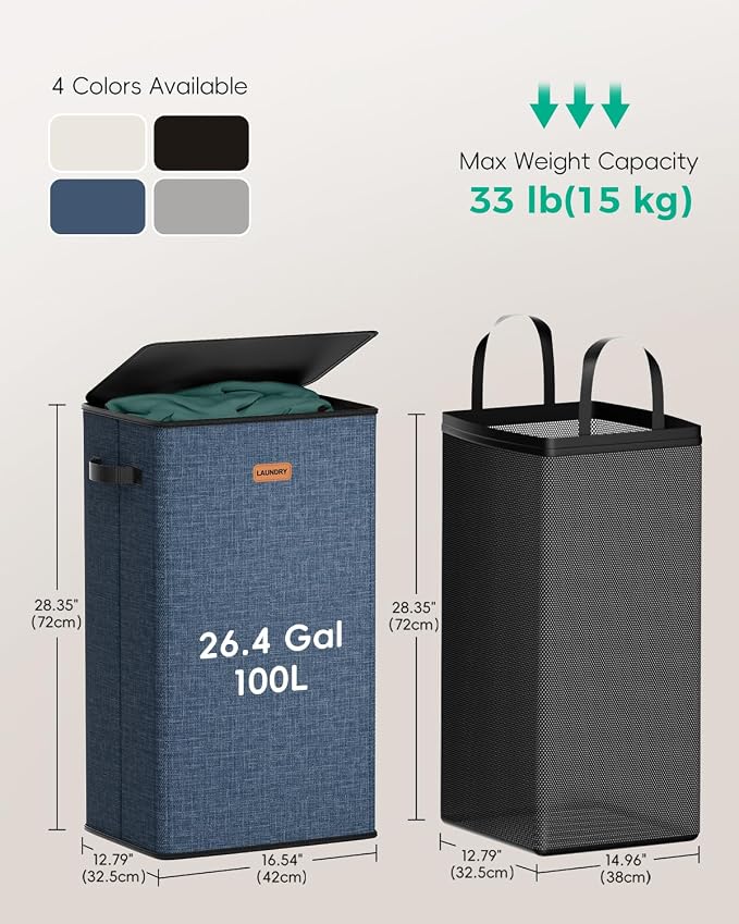 100L Laundry Hamper with Lid, Sturdy Clothes Hamper Heavy-Duty Laundry Basket Supports 30lb, Collapsible for Bathroom Bedroom Laundry Room Dorm - Image 6