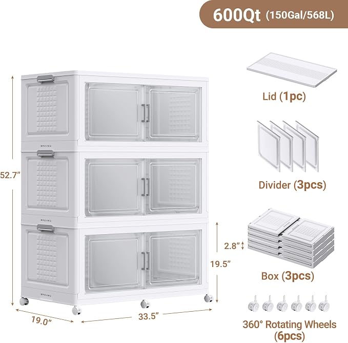 BROVIEW 600 Qt Stackable Storage Bins Foldable Cabinet, V40 White 3-Pack | Extra Large Collapsible Storage Bins with Lid Doors Wheels Dividers, Closet Organizers and Storage Drawer for Home Office - Image 2
