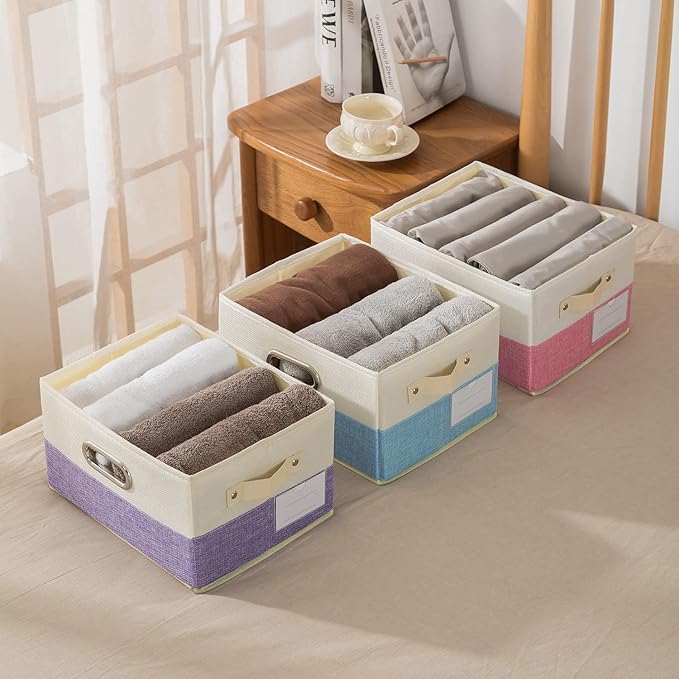 Large Fodable Storage Bins for Closet [3-pack] Decorative Fabric Storage Baskets Cubes with Leather/Metal Handles for Shelves Bedroom Living Room Purple&Cream (14.9x9.8x8.3 Inch) - Image 7