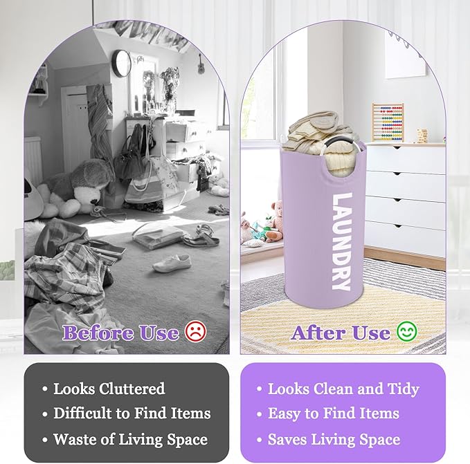 2Pack 95L Purple Collapsible Laundry Basket for Students, Large Laundry Hamper with Handles, Portable Dirty Clothes Hamper, 600D Oxford Fabric Storgae Basket for Bathroom, Dorm - Image 5
