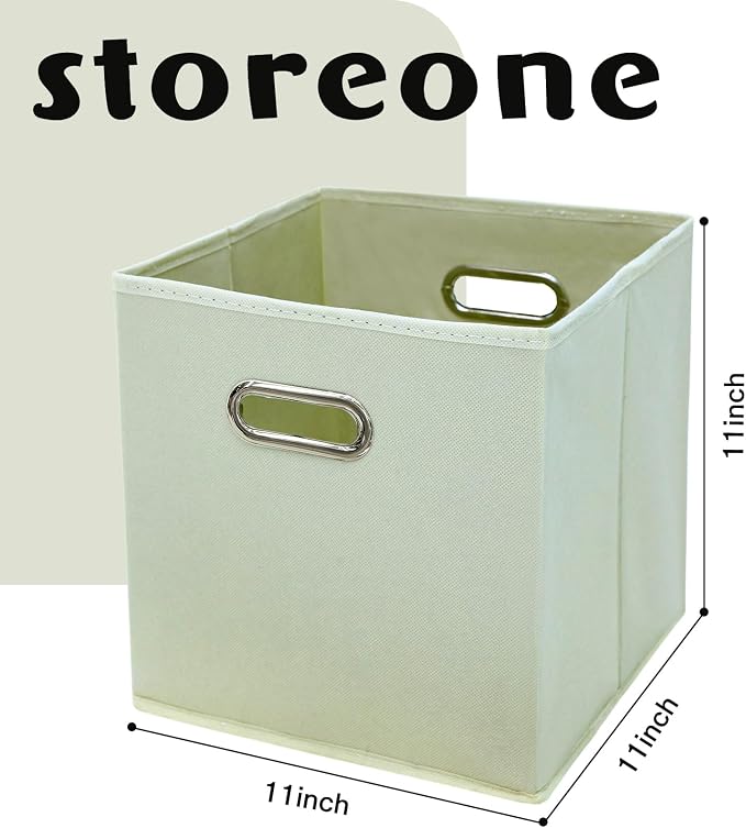 STOREONE Fabric Storage Bins Cubes Baskets Containers-(11X11X11) with Dual Handles Cube Storage Organizer Bins for Shelf Closet, Bedroom Organizers, Foldable Set of 6 (Creamy- White ) - Image 2