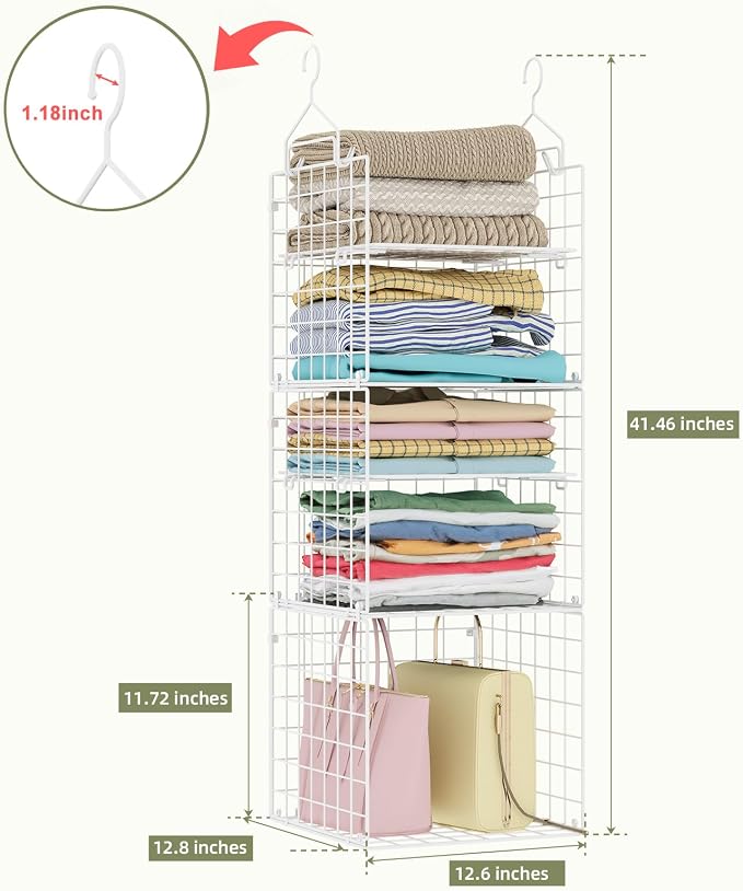 X-cosrack Closet Hanging Organizer and Storage - 5 Tier Hanging Shelves, Wire Closet Shelf Organizer Basket with Adjustable Dividers for Home Clothing Sweaters Shoes Handbags - Image 3