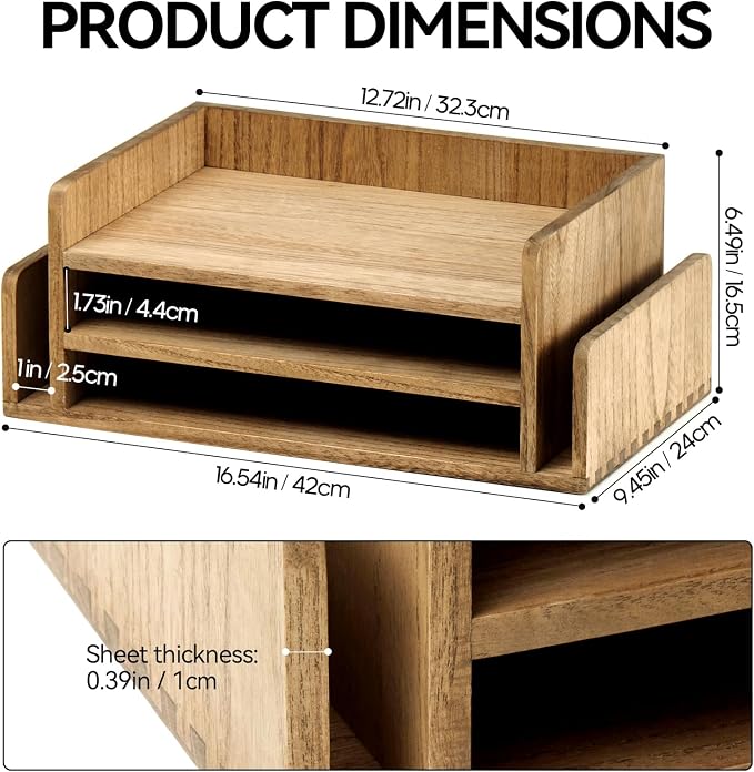 KIRIGEN Wood Desk Organizer, 5-Tray Letter Tray and Mail Sorter, Brown 2TP | Solid Wood 3-Tier Desktop Organizer with 5 Storage Areas for Mail, Folders, Letter Paper and Office Supplies, Fully Assembled - Image 6