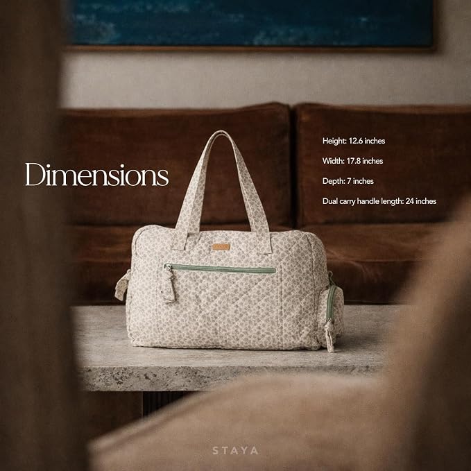 Staya Hospital Bag for Labor & Delivery - Quilted Weekender Bag for Women | Soft cotton quilted duffle, carry-on size, overnight & weekender bag, roomy with pockets, shoulder strap included - Image 3