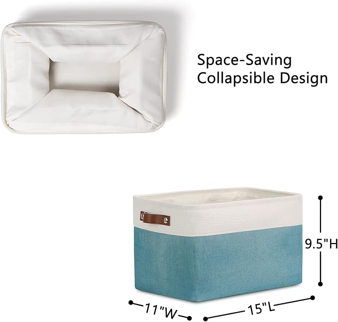 DULLEMELO Storage Baskets for Shelves, Fabric Collapsible Rectangular Storage Bins for Shelves, Closets, Nursery, Home, Empty Gift Baskets (3-Pack Medium-15 inch X 11 inch X 9.5 inch , White&Teal) - Image 4