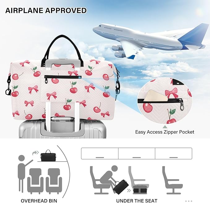 Large Travel Duffel Bag Sports Tote Gym Bag Overnight Weekender Bags Cherry Bow Carry On Luggage with Toiletry Bags - Image 5