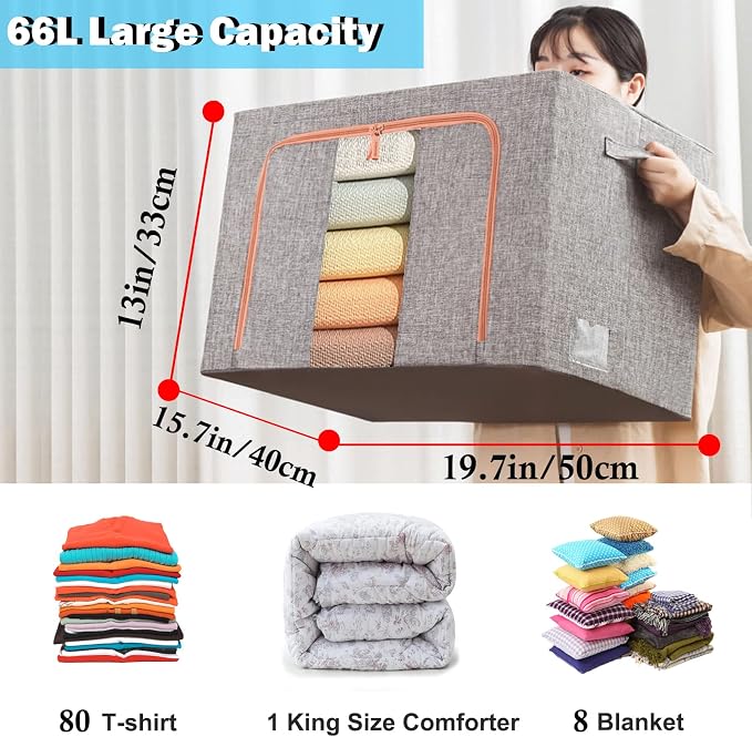 Clothes Storage Organizer - Stackable Storage Bags with Foldable Metal Frame, Zipper, Handles, Clear Window, Storage Container Box for Blanket Sweater Comforter Pillow (66L, Gray, 2 Pack) - Image 2