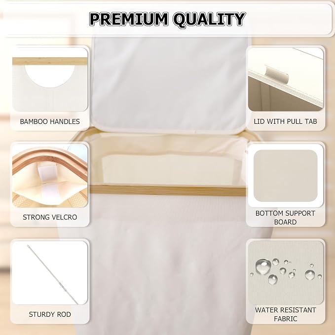 Laundry Hamper with Lid, 100L Tall Laundry Basket with Handles, Dirty Clothes Hamper with Removable Laundry Bag for Bathroom Bedroom Dorm Room Clothes Toys Towels (100L Beige) - Image 4