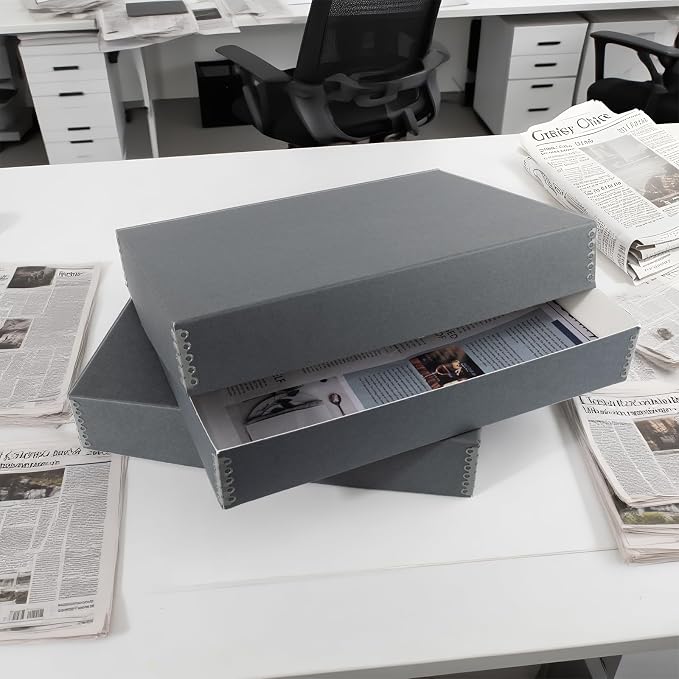 Lineco, Archival Newspaper Preservation Storage Box, 18''x13''x3'', Gray | Drop Front Design with Metal Edge, Acid-Free File Organizer, Preserve Photos, Documents, Scrapbook, Magazines, Negatives - Image 4