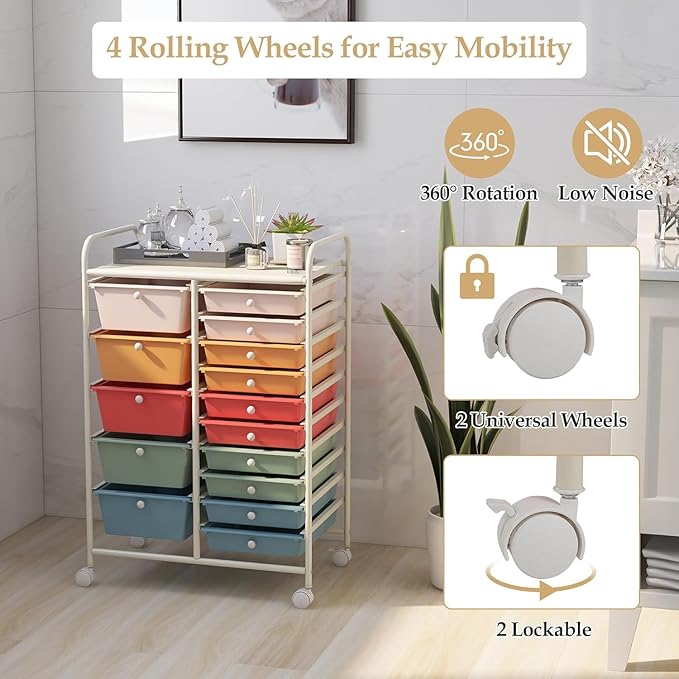 15 Drawer Rolling Storage Cart, Rolling Cart with Drawers for Classroom, Art Supply Craft Organizer on Wheel with Metal Frame & Handles for Home Office School - Image 6