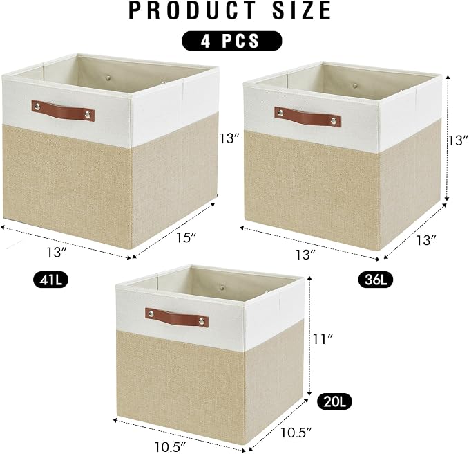 13x15x13 Storage Cube Bins, Foldable Storage Organizer Baskets, Fabric Cube Storage Boxes with 2 Reinforced PU Handles for Kallax, Shelves, Living Room | 4 Pack, Beige & White - Image 4