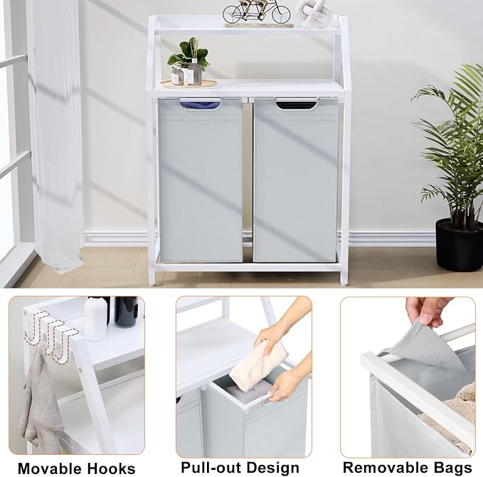 Laundry Hamper, Laundry Sorter 2 Section, Rolling Laundry Basket with Wheels, 2 Shelves, 2 × 14.5 Gal, Pull-Out and Removable Oxford Fabric Bags, for Laundry Room, White and Grey - Image 5