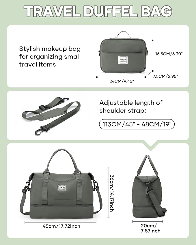 Travel Duffel Weekender Bag Women Tote Carry On Bags With Shoe Compartment | 18x14x8 inches Travel Overnight Bags with Trolley Sleeve for Airplanes Waterproof Sport Tote Gym with Toiletry Bag Green - Image 3
