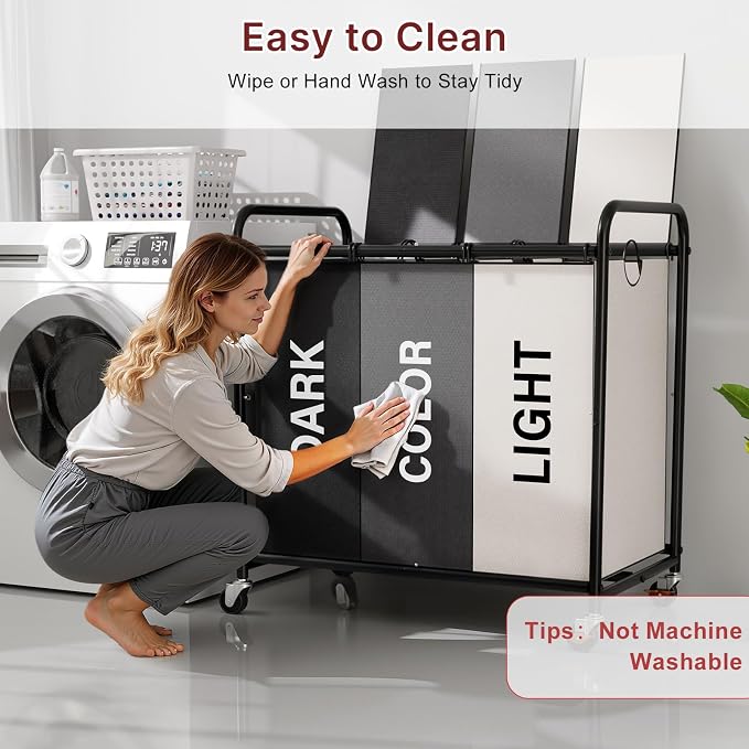 180L Laundry Sorter 3 Section with Lockable Wheels and Lid Multicolor | 3 Large Separate Removable Bags | Heavy Duty Rolling Laundry Basket | Laundry Hamper Cart for Laundry Room Organizer - Image 6