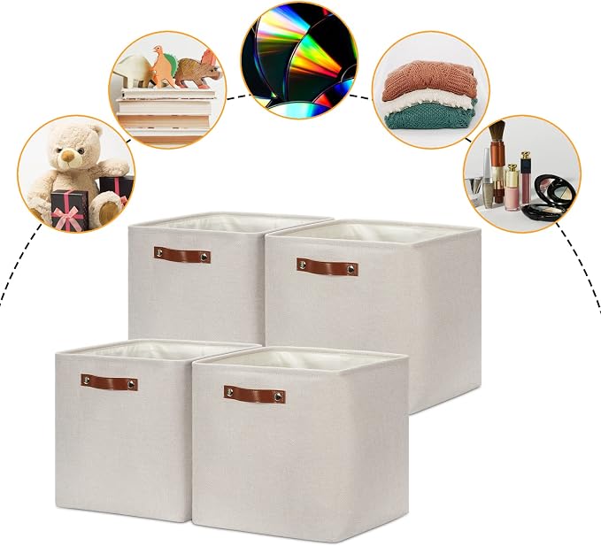 DULLEMELO Storage Bins, 4 Pack Of 13x13x13 Decorative Storage Cube Bins Suit Office, Home, Shelves And Closet, Cube Storage Bin with Leather handle(4 Pack - 13" Beige) - Image 2