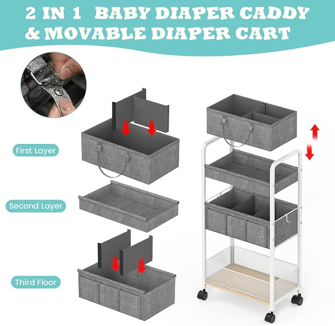 2In1 Baby Diaper Caddy & 3-Tier Rolling Diaper Cart, Diaper Caddy Organizer Cart with Dividers, Metal Detachable Bedside Cart for Baby Nursery Essentials, Large Capacity, Easy to Assemble, White - Image 3