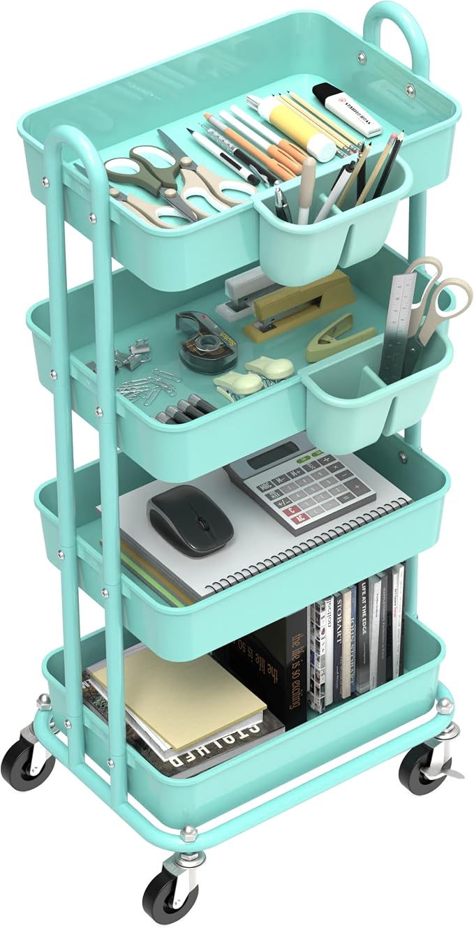 Simple Houseware 4-Tier Rolling Utility Cart with Hanging Bucket, Turquoise | Storage for Bathroom, Kitchen, Office, Study Room, Nursery Diaper - Image 2