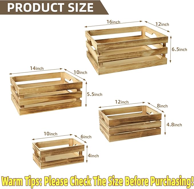 Large Torched Wood Storage Crates Decorative, Set of 4 Nesting Wooden Crates for Display Rustic, Farmhouse Wooden Storage Container Boxes Made from 100% Wood - Image 2