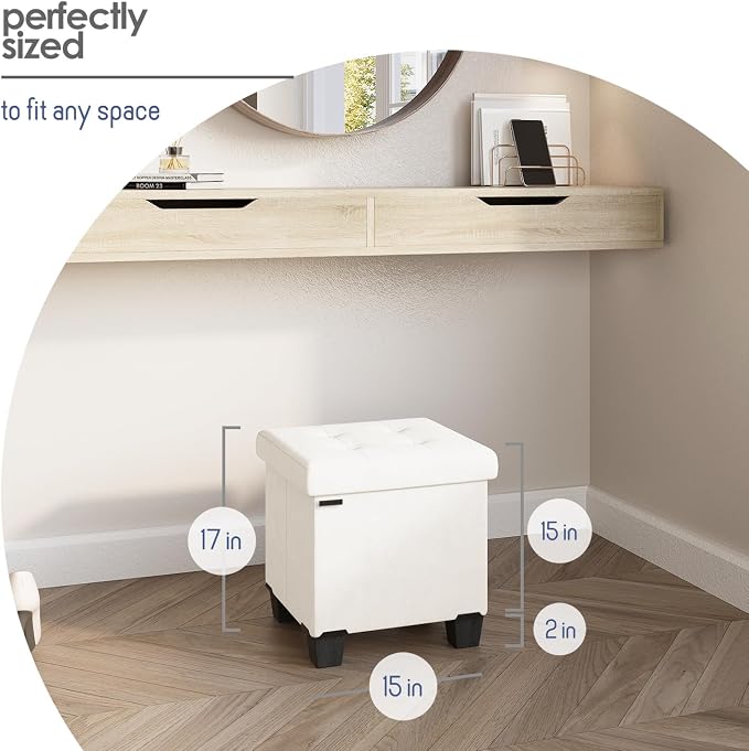 Storage Ottoman Cube with Small Bin, 15-in Square Ottoman with Storage for Living Room and Bedroom, Small Ottomans Foot Rest, Velvet Foot Stools Ottomans Max 330lbs, Cream - Image 9