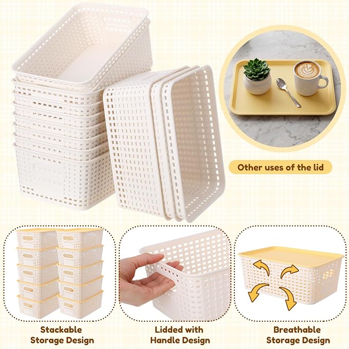 12 Pack Plastic Storage Baskets with Lids Stackable Organizing Bins Storage Baskets Organizers and Containers for Closet, Pantry, Office, 10.2 x 7.2 x 4.1 Inches(Cream White) - Image 4