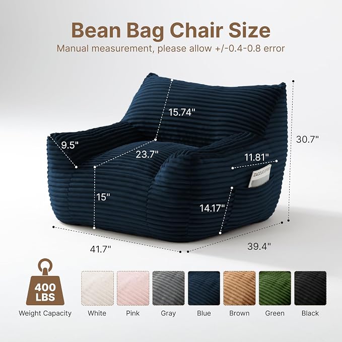 Bean Bag Chair for Adults & Kids, Giant Bean Bag Sofa with Side Pocket, Corduroy Beanbag Chair with Armrests, Comfy Stuffed Floor Sofa for Living Room Bedroom Dorm, Blue - Image 2