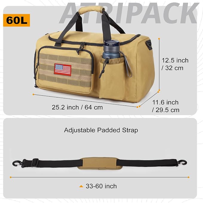 Tactical Gym Bag for Men, 60L Duffle Bag with Shoes Compartment for Travel | Water-Resistant Sports Weekender Bag with Adjustable Shoulder Strap Wet Pocket for Gym,Travel,Hiking,Camping Overnight Trips - Image 4