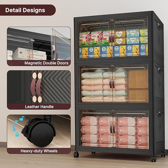 Stackable Storage Bins with Lids,720QT Lockable Storage Cabinet | Folding Storage Box with Doors and Wheels, Collapsible Plastic Drawers for Home, Garage, Office - Image 3