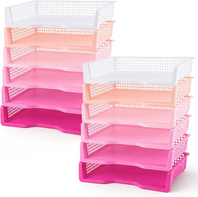 Teenyyou Set of 12 Colorful Turn in Trays Classroom Plastic Stackable Paper Tray Classroom Teachers Desk Organizer Bin for Office Home Teachers Organization and Storage, 9 x 13 x 3 Inches (Pink) by Teenyyou