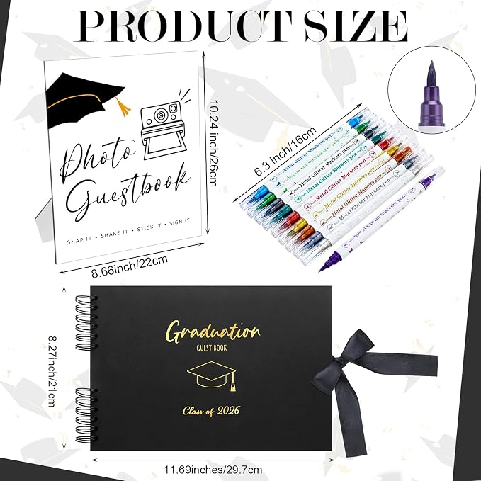 12 Pcs 2026 Graduation Guest Book with Photo Sign Decor 80 Pages Class of 2026 Scrapbook Photo Album with 10 DIY Dual Tip Metallic Markers Pens Gift, Exclude Camere(Graduation Cap,Black,10.4 Inches) - Image 2