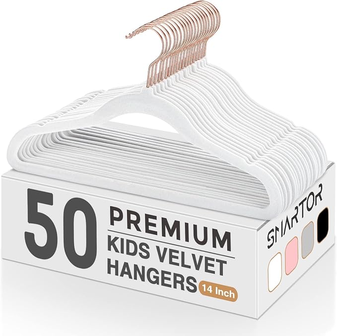 Kids Velvet Hangers 50 Pack, 14 Inch Premium Non Slip Kids Felt Hangers for Closet, Space Saving Toddler Clothes Hanger for Youth's Childrens' Clothes (Rose Gold Hook)- White | Premium Kids Hangers for Closet Storage, Space Saving Toddler Clothes Hange... by Smartor