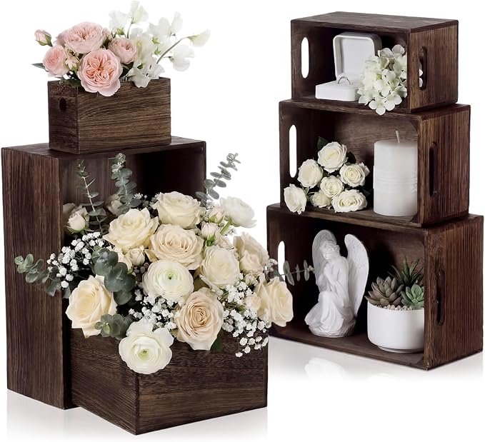 AceOrbit Set of 6 Rustic Wood Crates, Nesting Storage Boxes,Dark Brown | Distressed Wooden Containers with Cutout Handles, Vintage Farmhouse Wedding Party Decor, Decorative Baskets for Supplies by Unknown