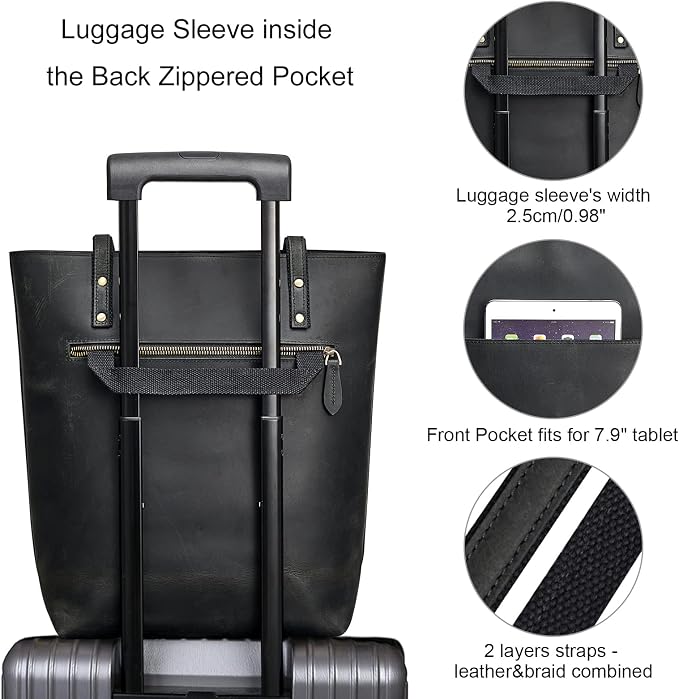 S-ZONE Leather Tote Bag for Women Work Handbag with Luggage Sleeve | Top Grain Genuine Leather, Padded Laptop Compartment, Multi Pockets, Large Retro Purse, Travel Everyday - Image 3
