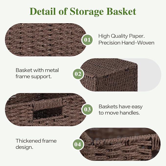 Patvingot 11-Inch Paper Rope Wicker Basket with Built-In Handles,2 Pack | For books, throws and accessories on open shelves, decorative woven texture, metal frame supports the shape, folds flat - Image 5