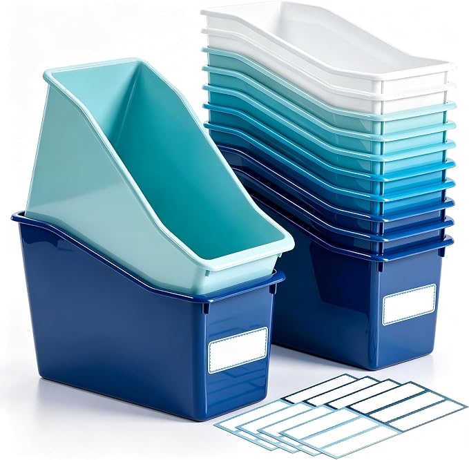 Geetery 12 Pcs Book Bin for Classroom with Labels Stackable Plastic Organizing Bins 11.5 x 5.4 x 7.5 in Book Holders Storage Bins Box Baskets for Classroom Library Home (Blue Color Scheme) by Geetery