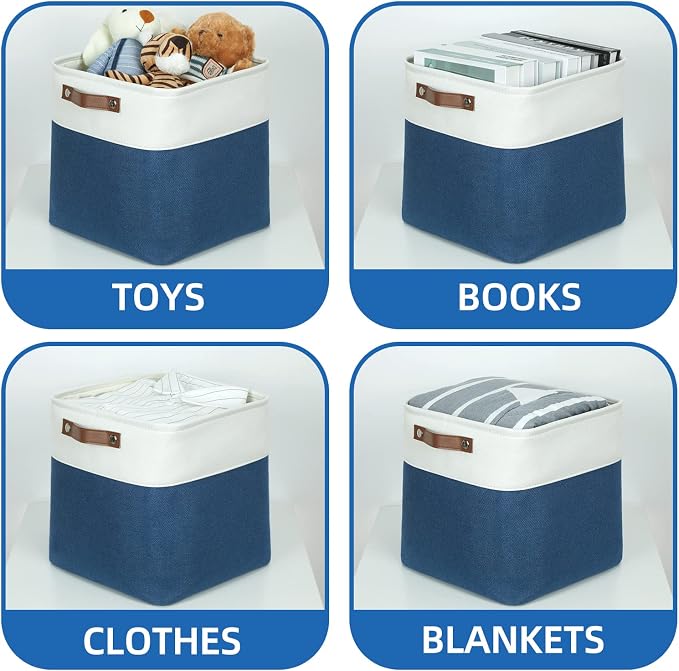 Temary Fabric Storage Cubes 4Pack Blue Fabric Storage Baskets 12 Inch Cube Storage Bins with Handles for Organizing Closet (White&Blue) - Image 4