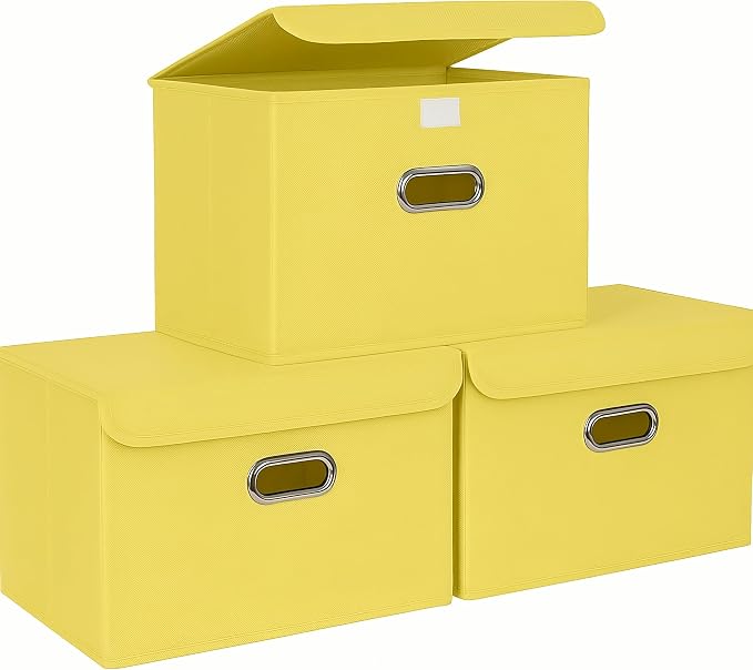 STOREONE Fabric Storage Cube Bins Foldable Organizer Container Collapsible Basket with Lids and Metal Handles, for Home, Bedroom, Closet 3 Pcs (multicolour-yellow) by STOREONE