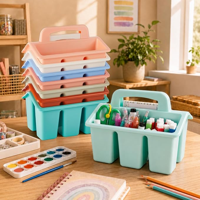 8 Pack Classroom Caddy Storage Basket with Handle 4 Compartment Storage Caddy Plastic Arts Crafts Caddies Protable Classroom Craft Caddies for Kids Schools Art Craft Supplies(Boho) - Image 4