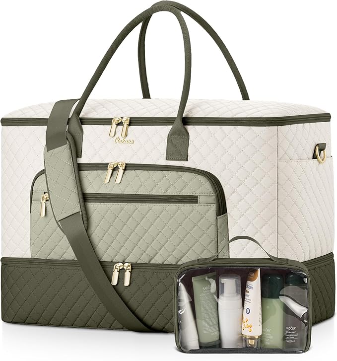 Travel Duffle Bag, Wide Open Large Weekender Bag for Women with Shoe Compartment, Carry on Overnight Bags with Toiletry Bag, Hospital Bag for Women Labor Delivery (Beige Green) by Unknown