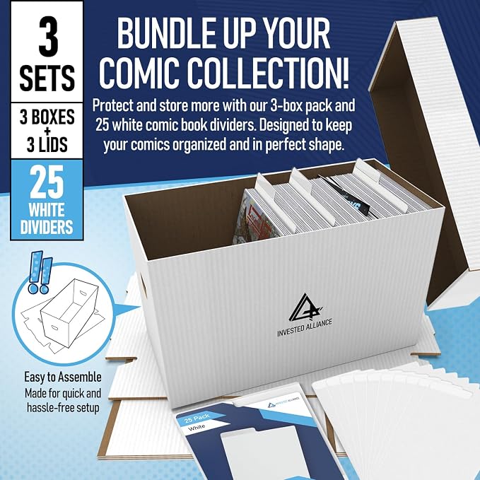 Bundle Set Premium Short Comic Book Storage Box Organizer with Lid | Thick Cardboard Comic Storage Box For Collectibles Fits 150-175 Current/Silver Age, Heavy Duty & Stackable. - Image 2