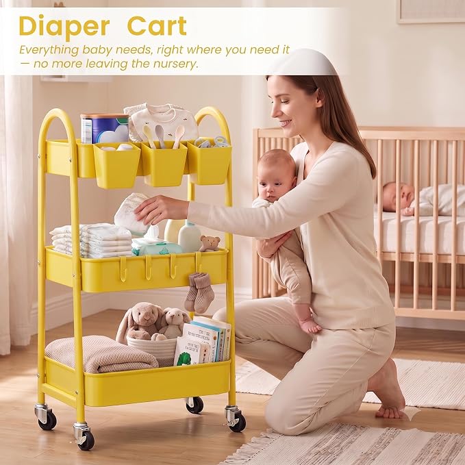 danpinera 3-Tier Rolling Cart, Utility Cart Mobile Metal Rolling Storage Cart with Lockable Wheels & Hanging Cups & Hooks for Kitchen, Bathroom, Office, Workshop, Yellow - Image 8