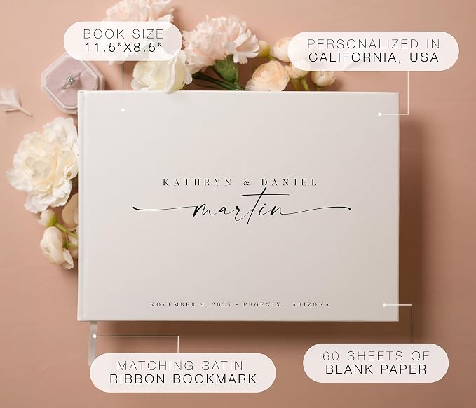 Personalized Guest Book - 11.5" x 8.5" Custom Bride & Groom Names with Bookmark and Hard Cover 140 GSM Blank Pages, for Weddings Guest Book, Engagements, Birthdays, Special Events, Eggshell - Image 2