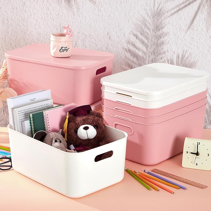 8 Pack Storage Bins, 13.8 X 9.8 X 5.9 Inch White and Pink | Plastic Stackable Containers with Lid Handle, For Shelves Desktop Playroom Office, Organizing Toys Books Supplies Storage - Image 4