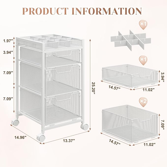 Rolling Utility Cart with 3 Drawers, Craft Organizer and Storage with DIY Divider, Lockable Wheels, Multi-Functional Storage for Art Supplies, Store for Brushes & Paints & Artifacts,White - Image 5