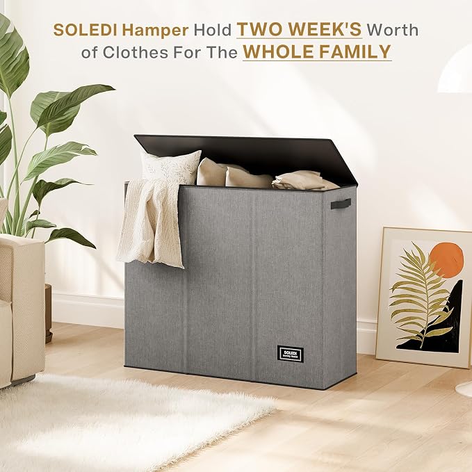 SOLEDI Large Laundry hamper 3 Section with Laundry Bag, XL Clothes Basket | 3-Section Large capacity Laundry Sorter with Odor-Blocking Lid, Robust Iron Frame & Waterproof 600D Fabric, 3 Washable Bags - Image 9