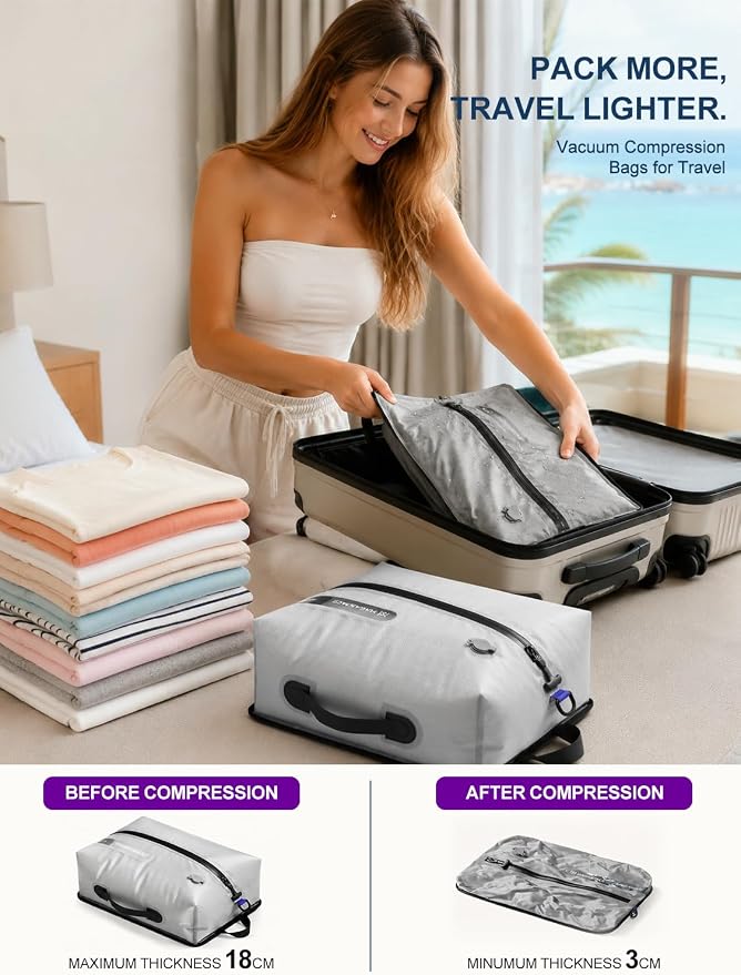 Vacuum Seal Bags for Travel with Pump, 21L Waterproof Compression Bags, Reusable Vacuum Storage Bags for Clothes, Travel Vacuum Kit Gift Set - Image 3