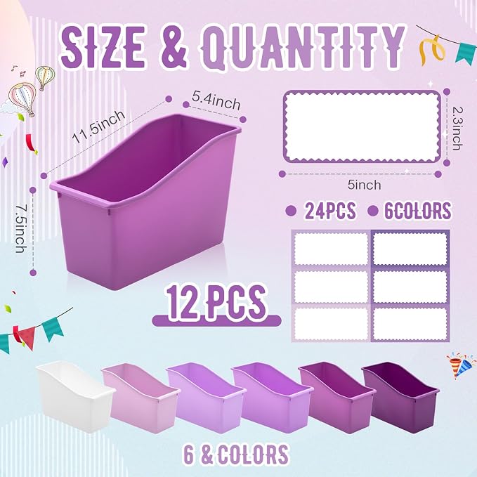 Geetery 12 Pcs Book Bin for Classroom with Labels Stackable Plastic Organizing Bins 11.5 x 5.4 x 7.5 in Book Holders Storage Bins Box Baskets for Classroom Library Home (Purple Color Series) - Image 2